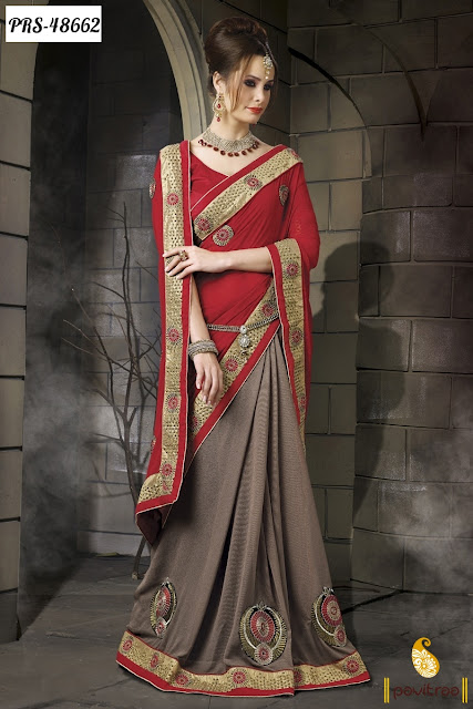 Wedding season special red grey color georgette designer saree online shopping at pavitraa.in