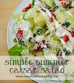 Simple Summer Caesar Salad: romaine lettuce, red peppers, cucumber, green onions, Parmesan cheese, and Caesar salad dressing.  Perfect, easy, delicious.  - www.sweetlittleonesblog.com