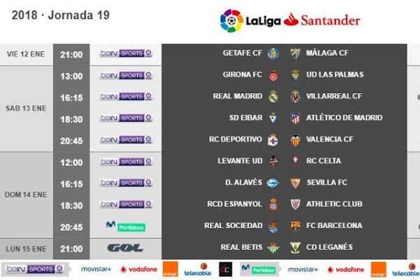 Liga Santander 2017/2018, horarios oficiales de la jornada 19