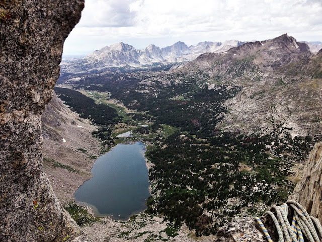 The Cirque of the Towers in the Wind River Range of Wyoming. Looking down from belay station 8 on Wolf's head, Lonesome lake