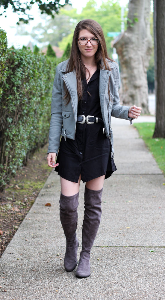 Fall Fashion | LBD, Grey Faux Leather Jacket, & OTK Boots