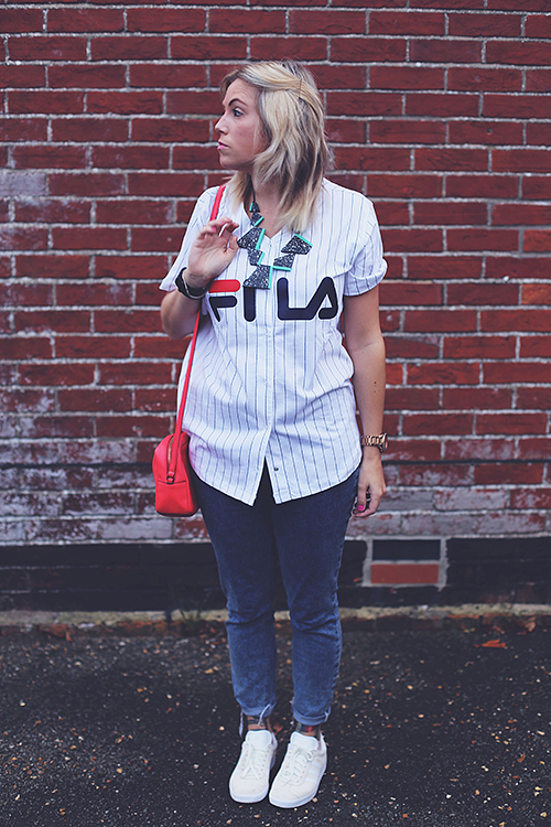 Styling up sportswear: Fila baseball t-shirt and leggings