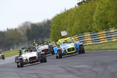 Daniel Halstead and Daniel French battling for position in the 2019 Caterham 270R Race one at Croft Circuit