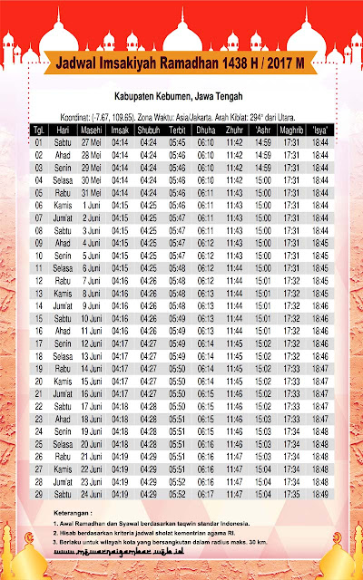 Jadwal Imsakiyah Ramadhan Kebumen 2017 M 1438 H