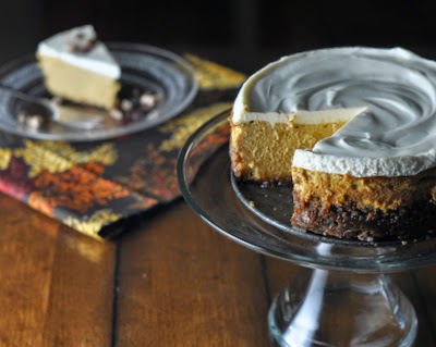 Pumpkin Cheesecake, full-size or mini, barely sweet with ginger-pecan crust and bourbon, real crowd pleaser. Recipe, tips, WW points at #KitchenParade.