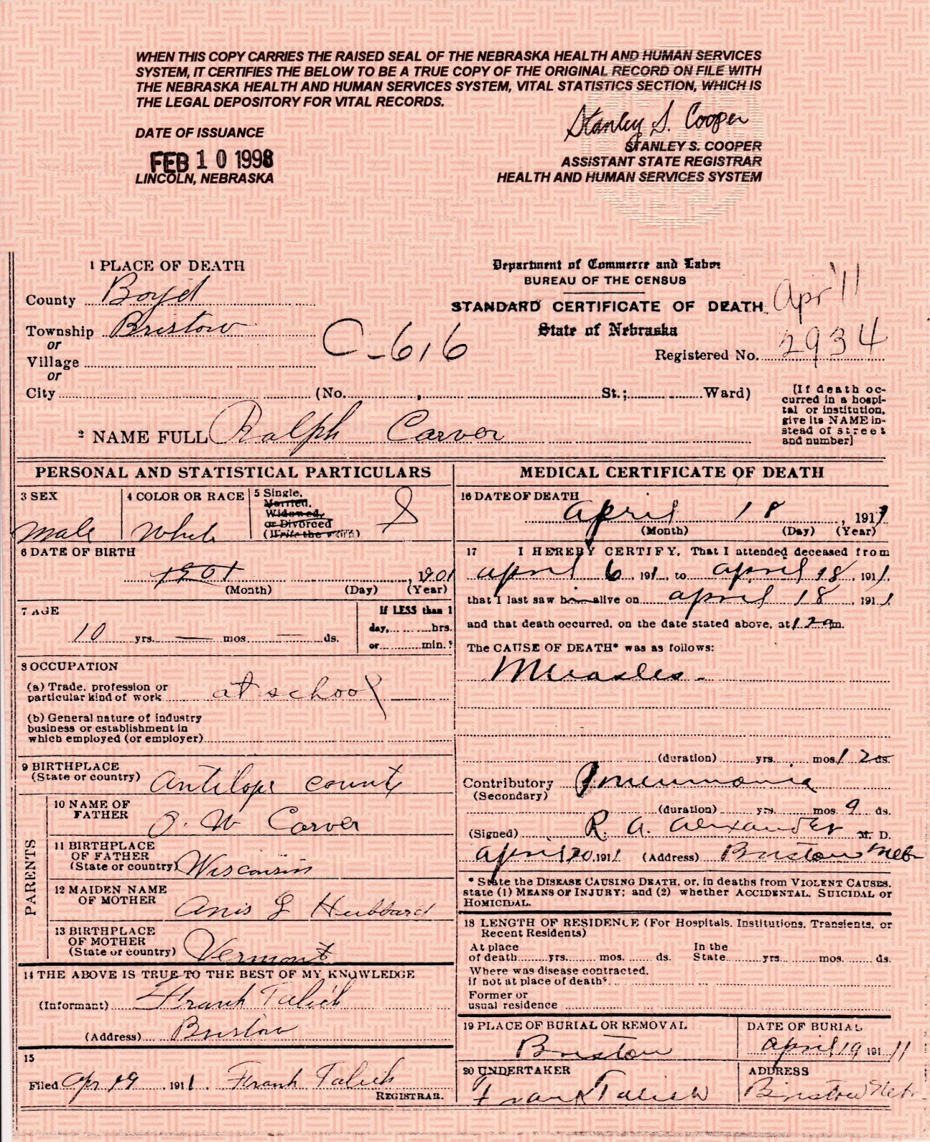 Ralph Edgar Carver Death Notice and Certificate 1911.04.18 Bristow