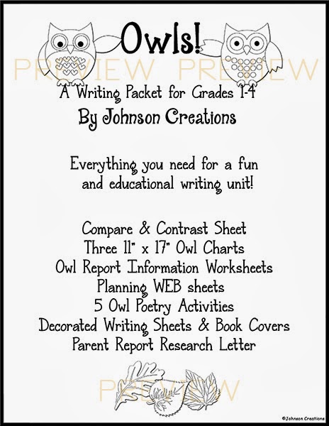 Johnson Creations: Owls Writing Packet for Grades 1-4