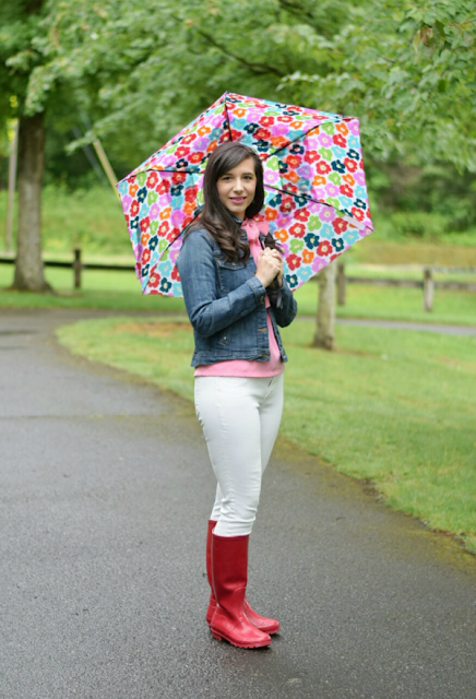 Floral umbrella, Jean Jacket, White Skinny Jeans and Red rainboots