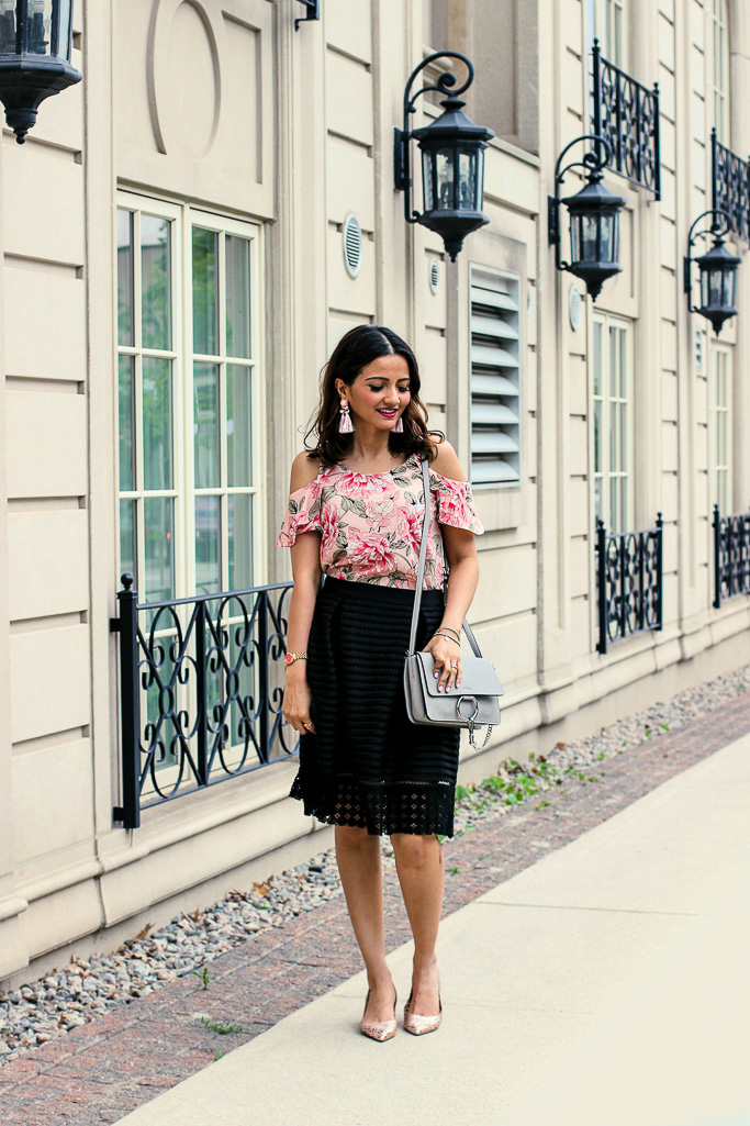 Le Chateau Pink Cold Shoulder Top Flared Black Midi Skirt Chloe Dupe Bag Blogger Outfit