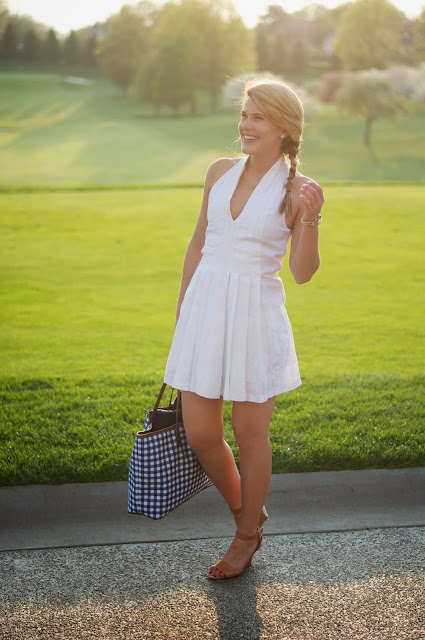Gingham tote and white linen dress