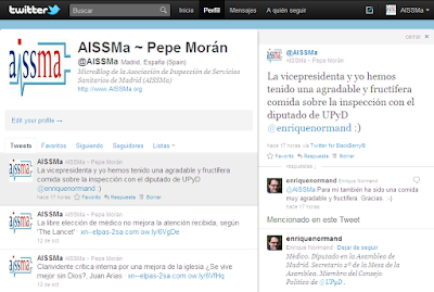 Tweet de AISSMa, respondido por Enrique Normand sobre la comidad del 13/10/11