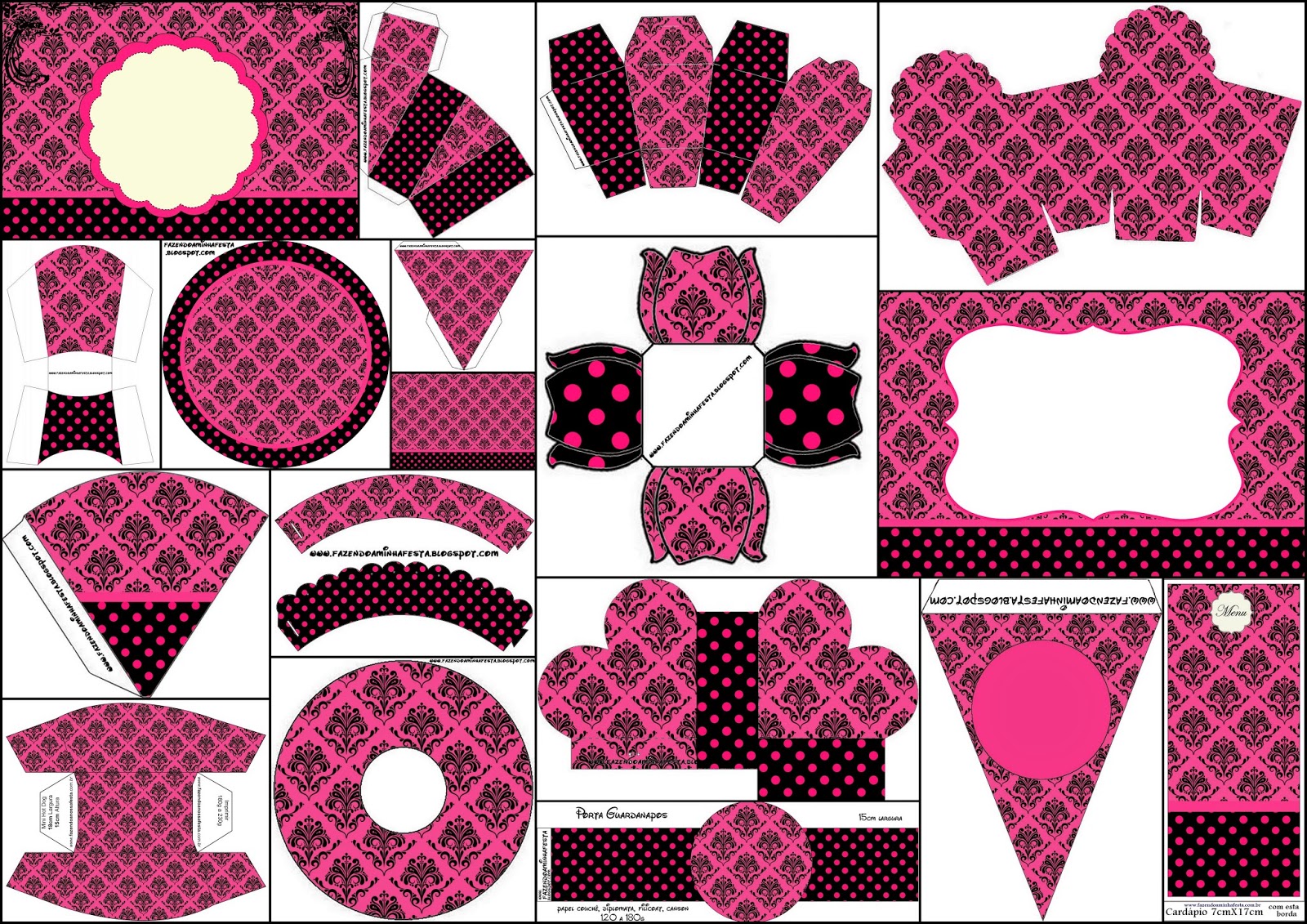 Black Damask in Fuchsia Free Printable Quinceanera Party Kit.