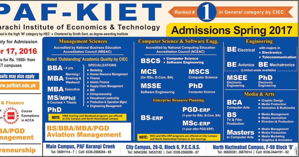 Education In Karachi PAFKIET Admissions Spring 2017