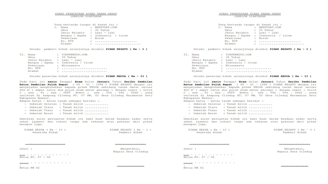 Contoh Surat Pernyataan Hibah Tanah Darat Sebelum Diaktakan