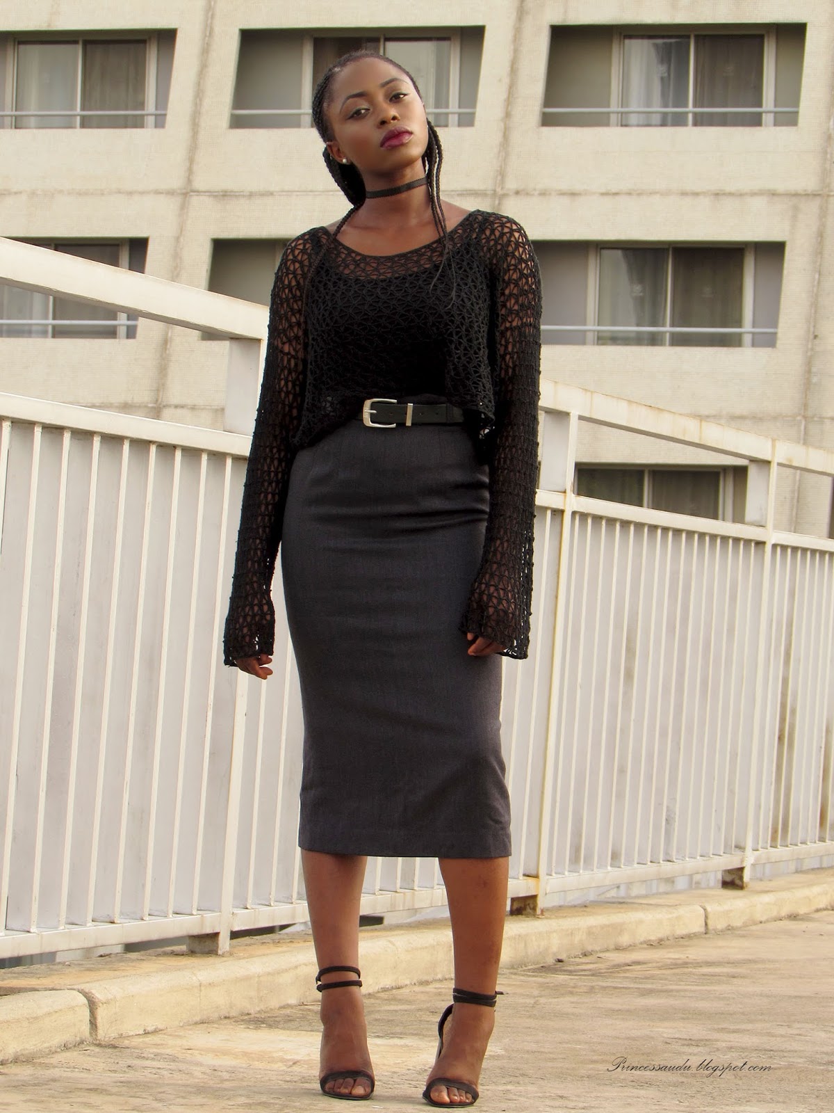 Body-con skirt, grey pencil midi skirt, black knitwear top, choker, buckle belt