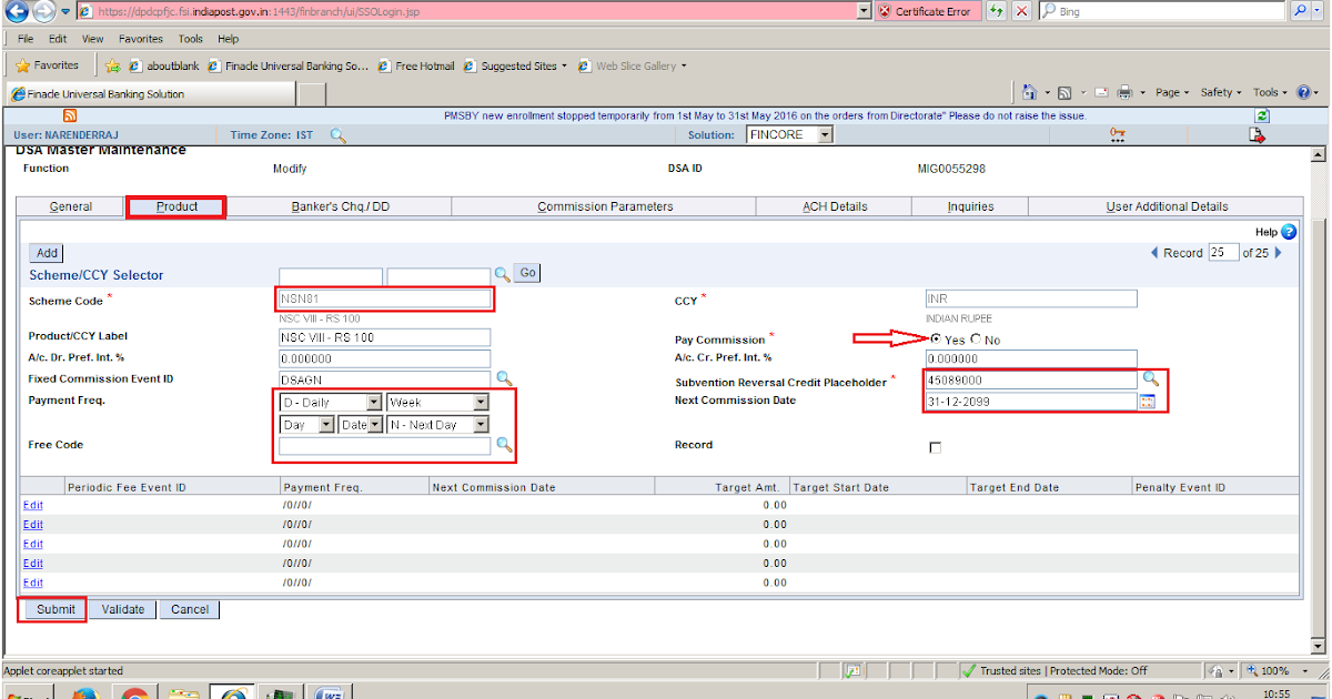 Add NSC New (NSN) Product to Agents in DOP Finacle DOP Core Solutions