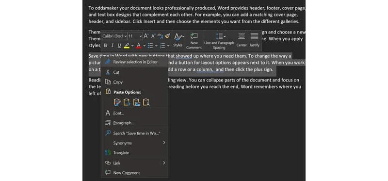Screenshot showing the Proof selected text option in Word's Editor feature