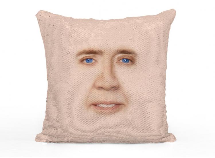 Nicolas Cage Sequin Pillow Reveals Nicolas Cage's Face Container