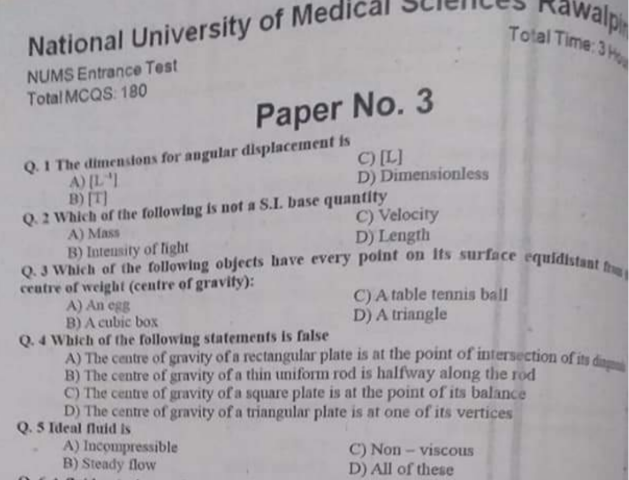 NUMS Past Papers MCQs Solved pdf Download