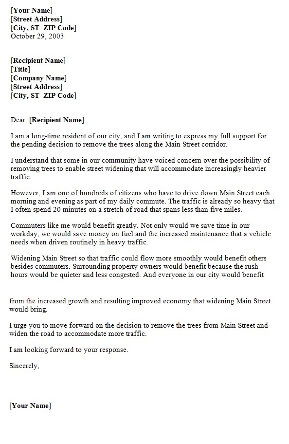 Letter of Support to Local officials ~ Template Sample