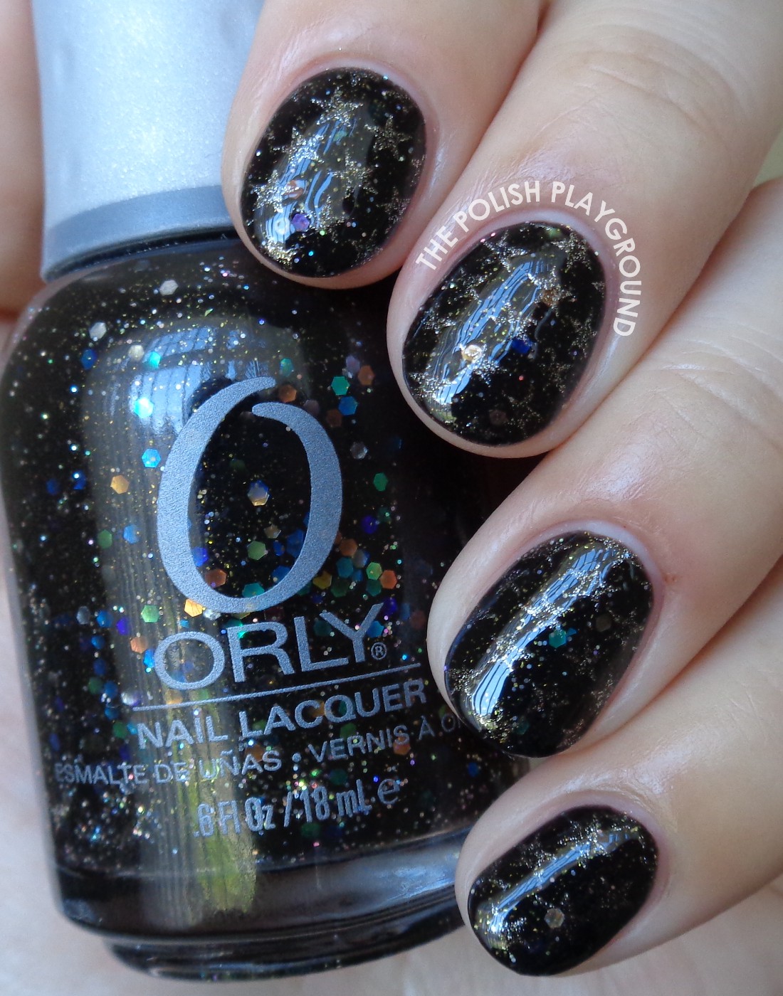 Black Glittery Galaxy with Gold Stars Stamping Nail Art