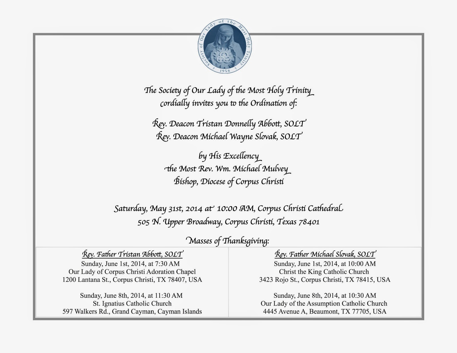 solt news two men to be ordained solt priests on may 31st church letter of invitation