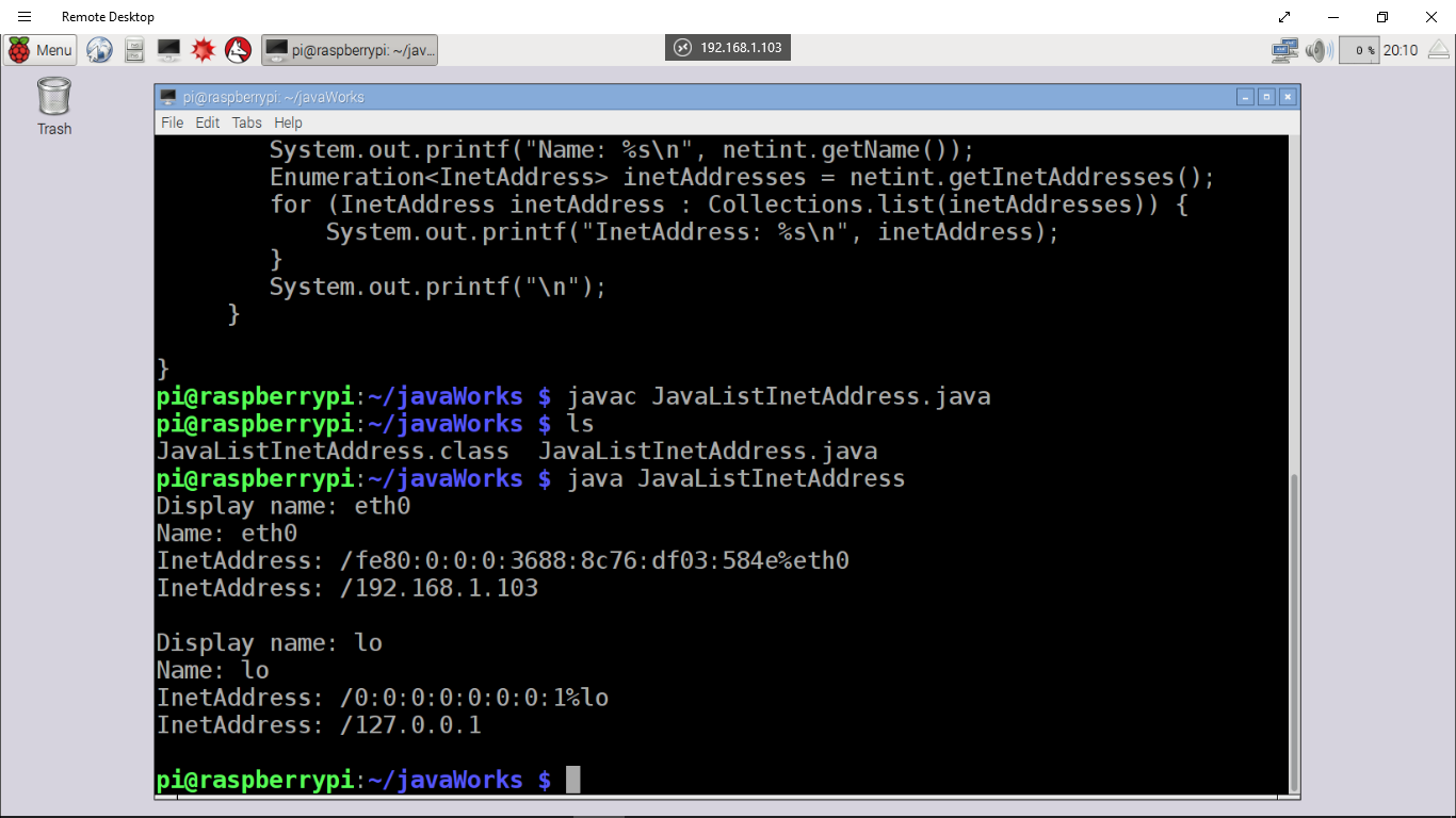 Hello Raspberry Pi Java code to listing Network Interface Addresses