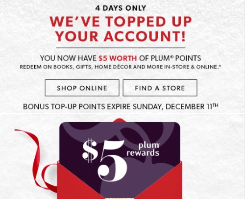 Chapters Indigo $5 Free Plum Reward Points Special Offer Chapters Indigo $5 Free Plum Reward Points Special Offer