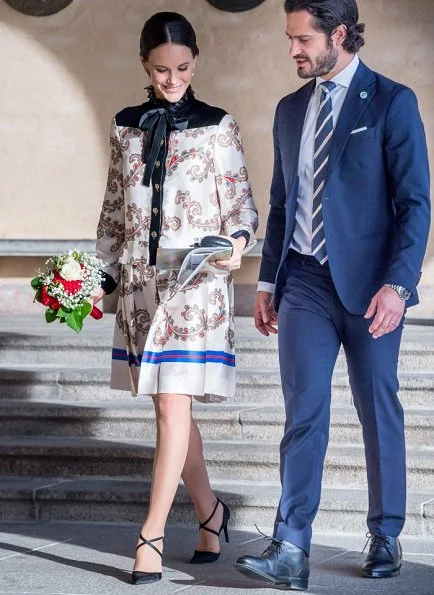Queen SIlvia and Prince Carl Philip at Lunch. Princess Sofia Hellqvist wore Philosophy by Lorenzo Serafini casual dress