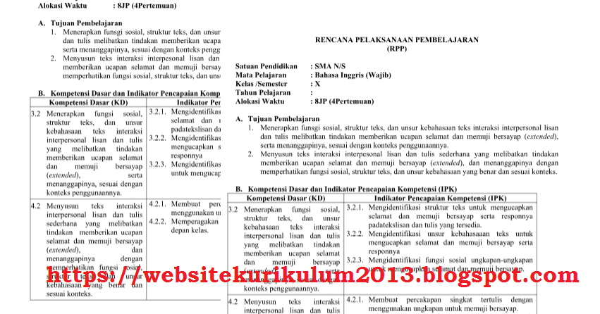 RPP PROTA PROMES KI KD Bahasa Inggris Kelas X K13 Revisi