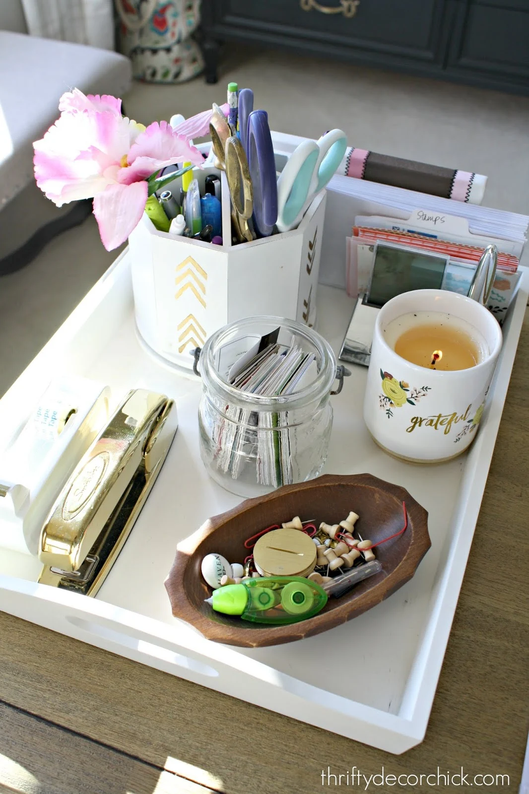 Tray on desk for often needed items