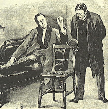 Sidney Paget's illustration of Sherlock Holmes and Dr John Watson deducing from Henry Baker's hat in The Adventure of the Blue Carbuncle