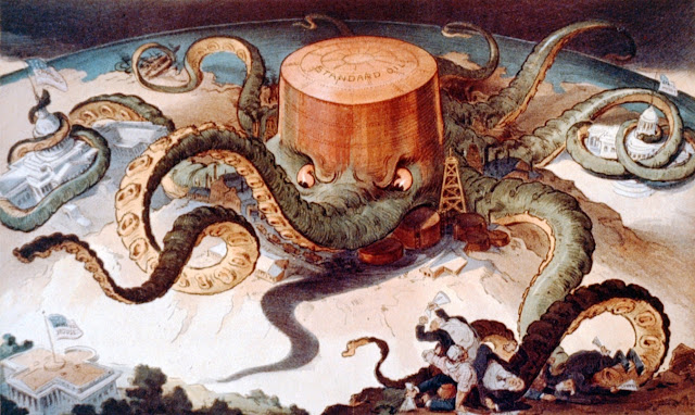 Political cartoon showing a Standard Oil tank as an octopus with many tentacles wrapped around the steel, copper, and shipping industries, as well as a state house, the U.S. Capitol, and one tentacle reaching for the White House. by Udo J. Keppler (1872-1956) artist, Spublished by: J. Ottmann Lith, Co., Sept. 7th, 1904,lithograph, color. - http://www.johndrockefeller.org/