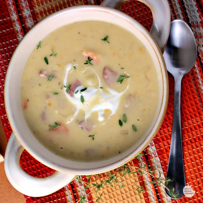 Creamy Potato, White Cheddar, and Kielbasa Soup | by Renee's Kitchen Adventures - msg 4 21+ Easy, hearty soup recipe perfect for the cooler weather!  A taste of old world Oktoberfest #OktoberfestontheFarm ad