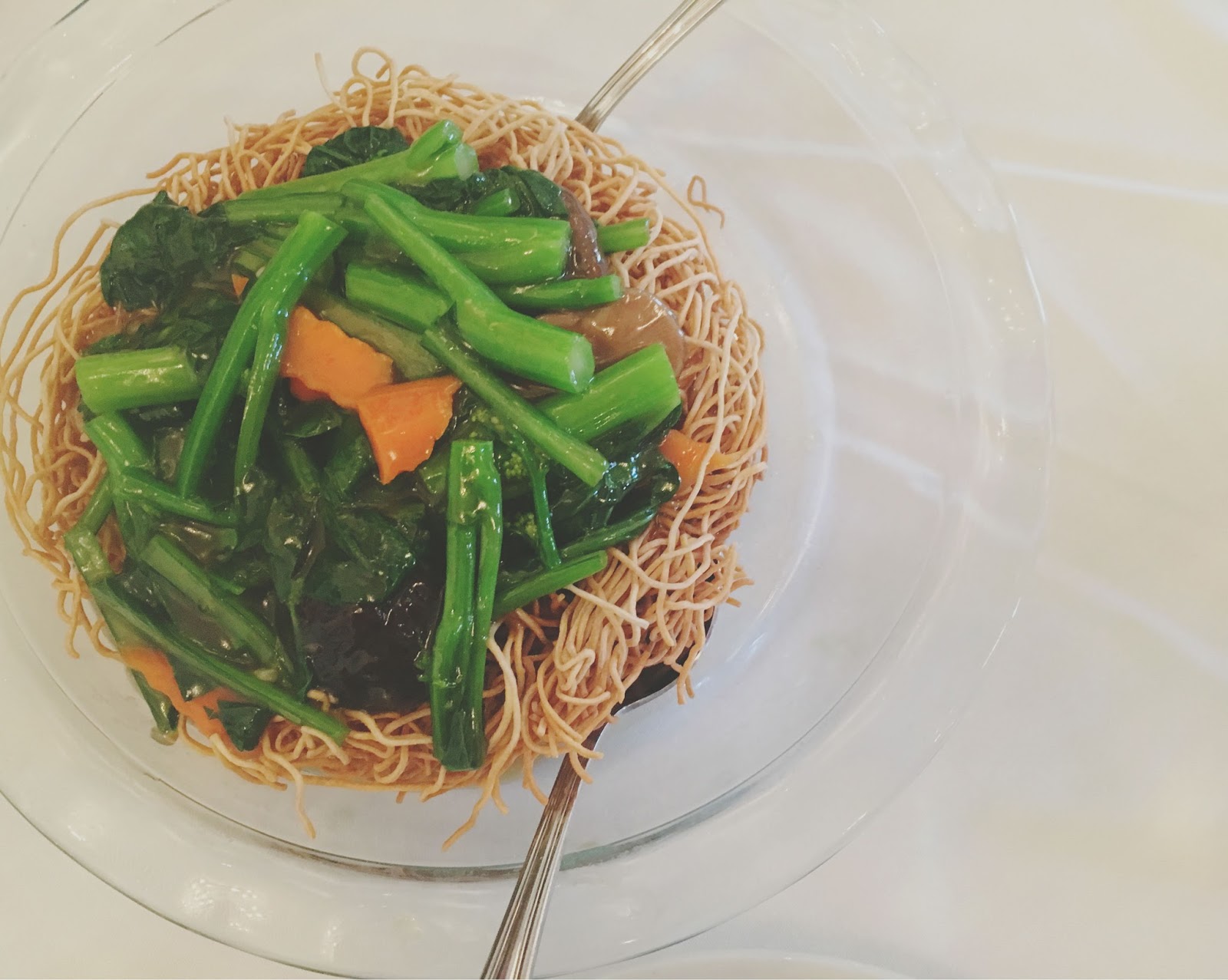 fried crispy egg noodles with vegetables at Ginger & Fork - an upscale Chinese restaurant in Houston, Texas