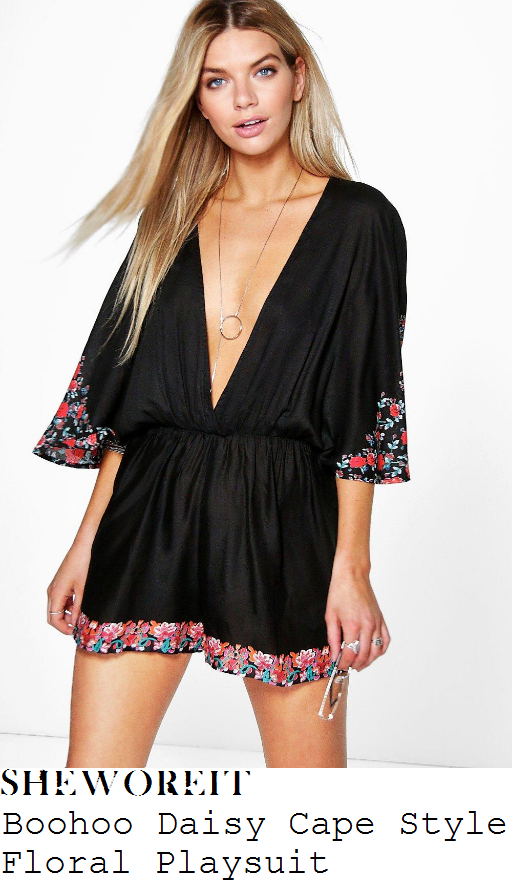 ferne-mccann-boohoo-daisy-black-green-and-red-floral-print-trim-detail-elbow-length-cape-sleeve-plunge-front-draped-playsuit