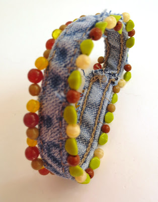 denim bracelet embellished with seed beads