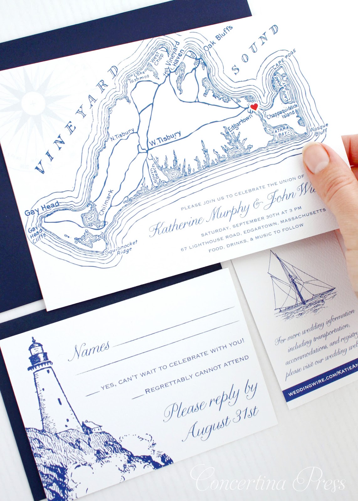 Martha's Vineyard Wedding Invitations from Concertina Press - with map and free website card