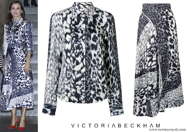 Queen Letizia wore Victoria Beckham Leopard print silk blouse and midi skirt