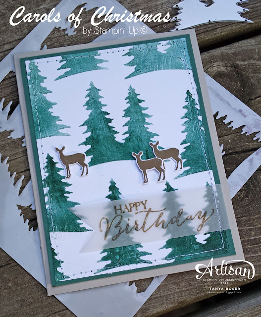 Embossing paste allowed to dry and sponged with Tranquil Tides and the Carols of Christmas stamp set and dies from Stampin' Up! create a fun card for the hunters in your life.