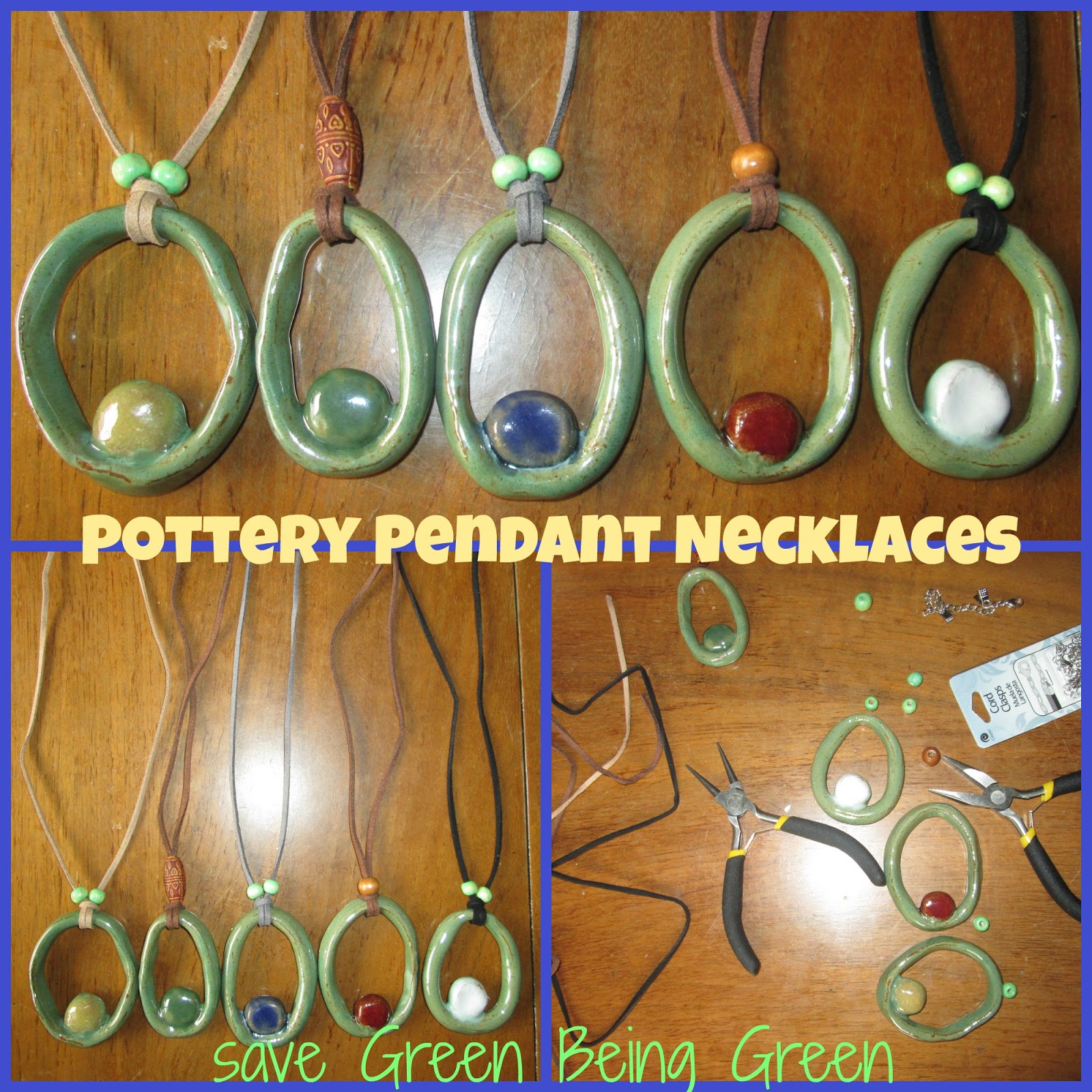 Save Green Being Green Pottery Pendant Necklaces