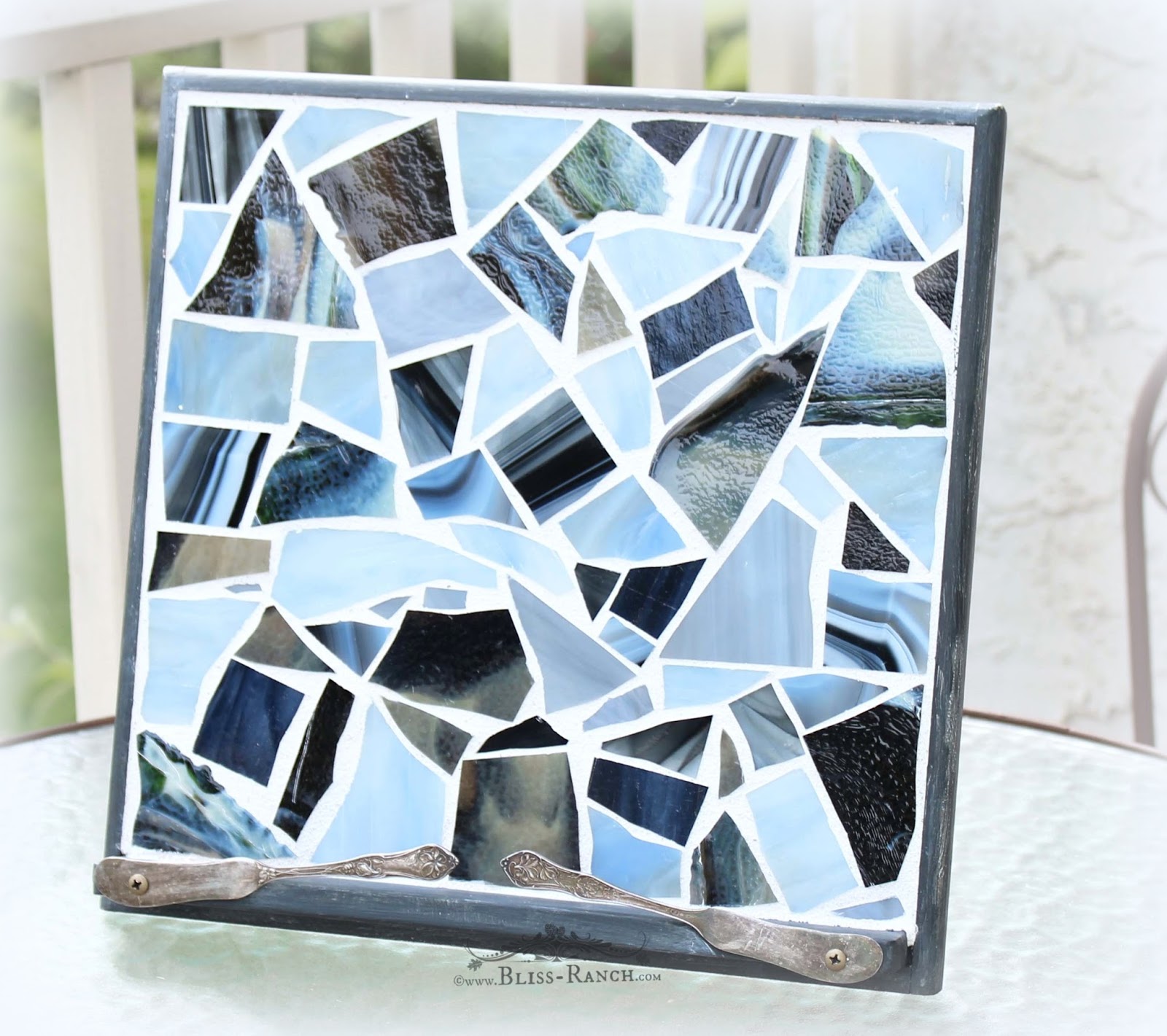 Blue Stained Glass Mosaic Ipad Stand With Vintage Silverware, Bliss-Ranch.com