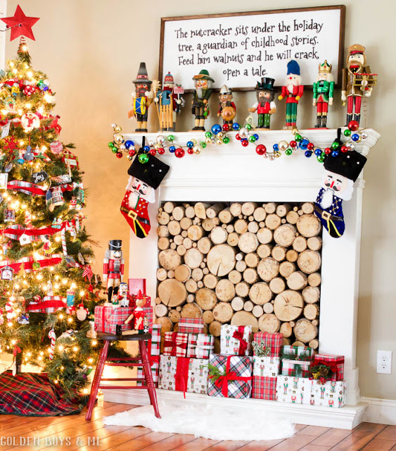 Nutcracker themed Christmas mantel decor with German collectible nutcrackers and DIY sign