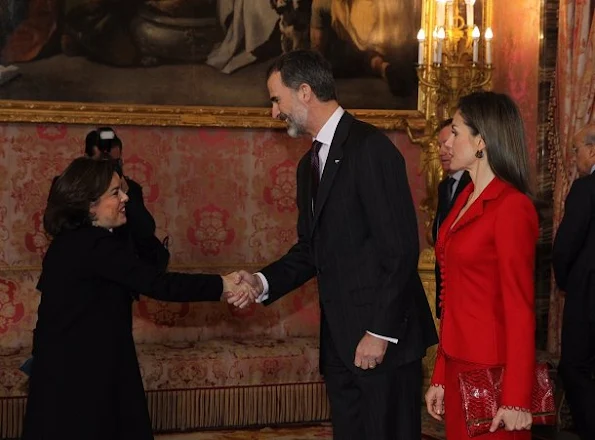 Queen Letizia of Spain attend 'Commemoration Of Cervantes Death' closing ceremony wore Felipe Varela skirtsuit, Carolina Herrera Animal Print Clutch Bag