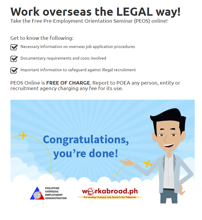 POEA has announced a series of job openings abroad. Foremost is the need for female factory machine operators in Taiwan. The small island manufacturing powerhouse is offering P35,000 in salary, plus overtime. Also among the benefits are meal allowance and subsidized housing.  The job order is part of the government to government hiring program. This means there are no placement fees to be paid, and the processing time for deployment is faster than usual. The applicant also has peace of mind because for sure, there is no risk of illegal recruitment.  According to POEA, the Taiwanese company has preferred Filipino workers because they are hardworking, they learn easily and are enthusiastic.  Interested applicants can go directly to POEA to apply. They can go register at the POEA Website as a first step. Here, they will see the requirements needed. Applicants have until August 23.  POEA launched the Pre-Employment Orientation Seminar for those who are planning to work abroad. This allows people from all over the country, and even those abroad, to search for jobs via the POEA Website, and apply directly. Here, overseas jobs from POEA-Licensed as well as government-to-government job orders are listed. The online tool also provides modules for seminars.  POEA said that several other government to government job orders will be announced next month. This includes nurses for Germany.  Also, watch out for the upcoming Job Fair on Friday, to be held in Quezon City. Among the job opening abroad are Farmers, Auto-mechanic and Baker in Japan; Housekeeper, Cleaner and Photographer for Dubai; Fast food Crew in Oman; Domestic helpers for Kuwait and Jordan; and Nurse for America.  source: GMA