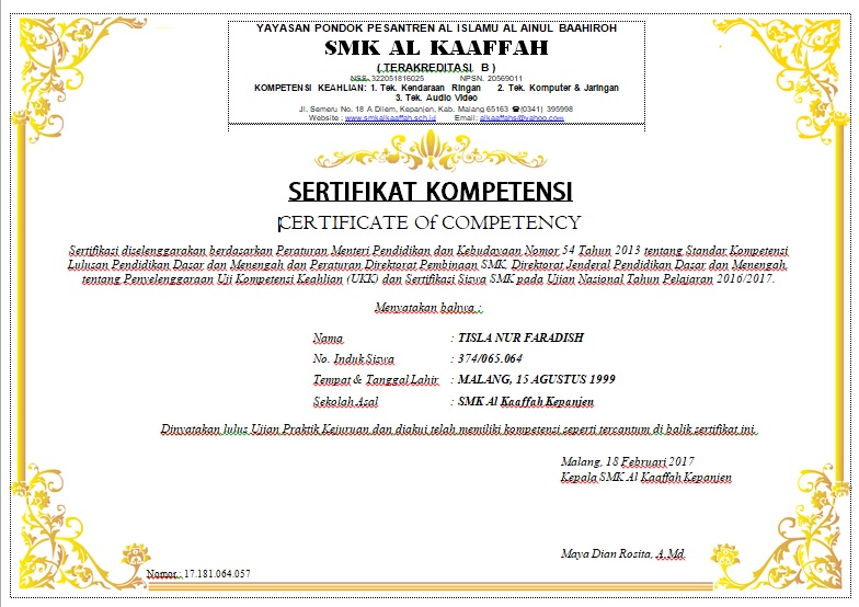 Contoh Sertifikat Uji Kompetensi Tahun Ajar