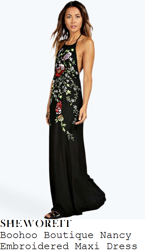 vicky-pattison-boohoo-boutique-navy-black-white-green-red-and-multicoloured-floral-embroidery-detail-halterneck-maxi-dress