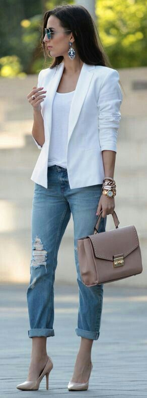 casual style perfection / white blazer + top + rips + heels