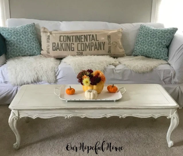 Continental baking company flour sack pillow couch pumpkinsn fall flowers coffee table farmhouse tray