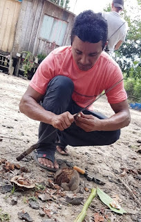 Moses peeling Brazil nuts with a machete